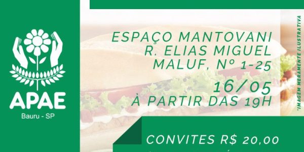 Lanche da Bondade da Apae será no dia 16 de maio no Espaço Mantovani