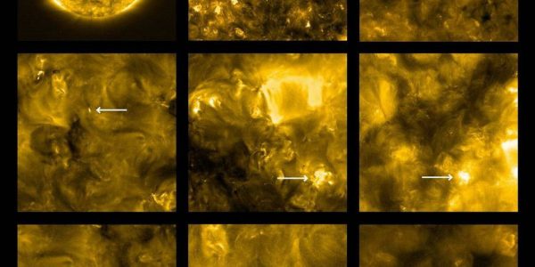 Setas brancas indicam 'fogueiras' solares captadas por sonda Orbiter, da Nasa — Foto: Nasa